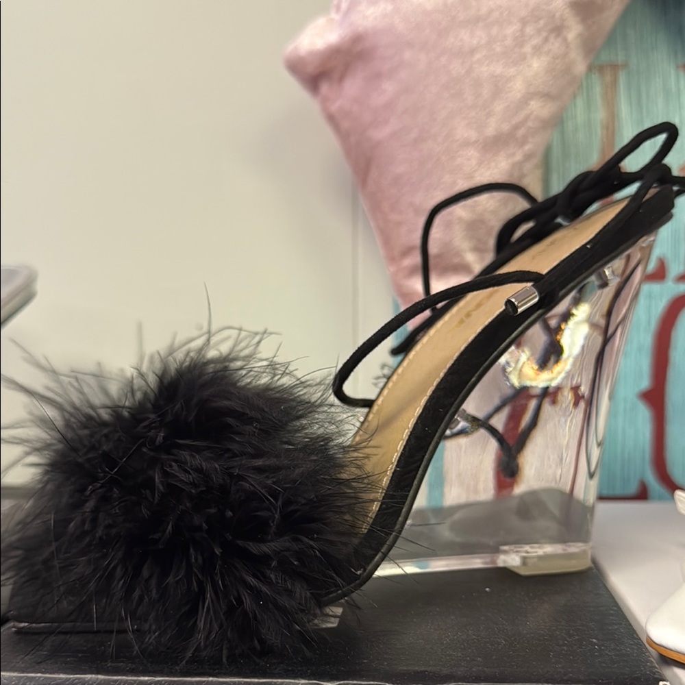 Fashion Nova Black Feathered Heels with Clear Wedge